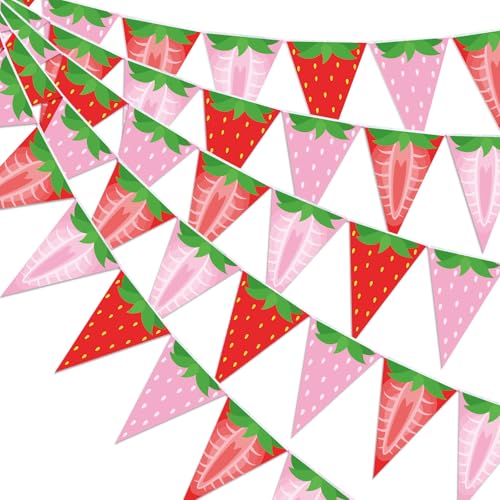 Image of Gersoniel 5 Pcs Strawberry Party Decorations Berry Pennant Banner | Pre-strung Triangle Flags for Red Berry Themed Birthday, Baby Shower, Wedding Party, Classroom Decorations, Paper Bunting