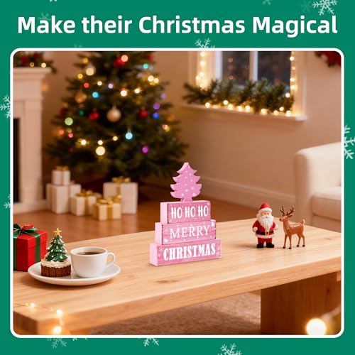 Image of 4 Pcs Christmas Wooden Tiered Tray Decor, Pink Merry Christmas Tree Decorations Gifts for Home, Winter Table Centerpiece for Xmas Party Kitchen Office