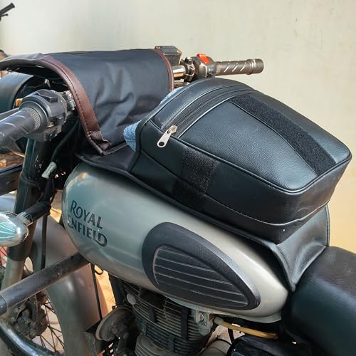 Image of Leatherette Motorcycle Tank Cover with Zipper Storage & Mobile Pocket, Scratch Protection Tank Bag Compatible with Royal Enfield Classic 350 /500, Electra & Bullet, Brown (Pack of 1)