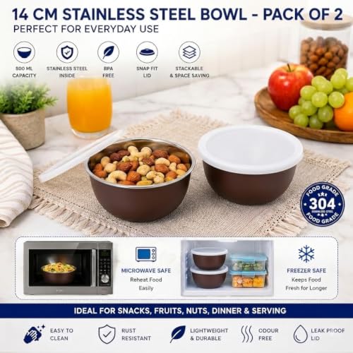 Image of Zaib Stainless Steel Microwave Safe Serving Bowl 500 ml, 14 cm