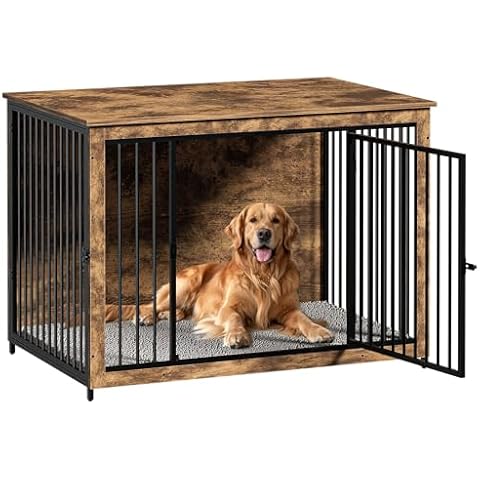 BREEZEHEAT Dog Crate Furniture with Cushion, 44'' Wooden Dog Crate Kennel with Double Doors, Heavy-Duty Dog Cage End Table for Small/Medium/Large Dog, Indoor Dog House, Rustic Brown Cover