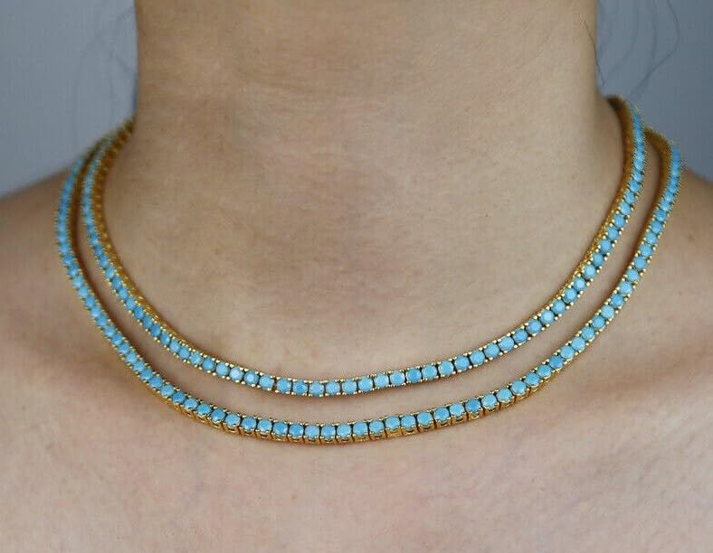 4mm Turquoise Tennis Necklace, Gold Plated Chain, Light Blue Stone4