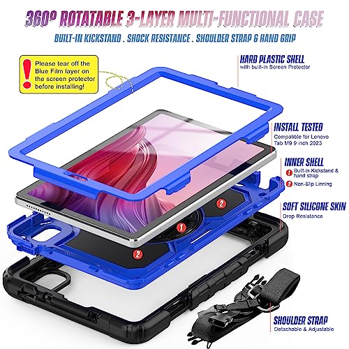 SIBEITU Case Compatible with Lenovo Tab M9 TB-310FU 2023 with Screen Protector Pen Holder, 9.0 Inch Three Layer Drop-Proof Protection Case with 360°Rotating Stand &Strap for Lenovo Tab M9