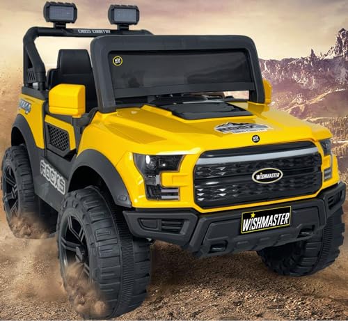 Image of Wishmaster Driving 4 Motor EV Cars for 1, 2, 3, 4, 5, 6 Years | Remote + Steering + Mobile App Control | Kids Jeeps (Medium Size F-Raptor [1-8 Year Kids], Yellow)