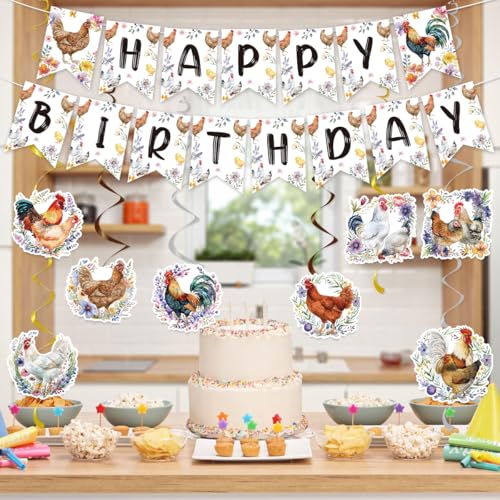 Image of Chicken Birthday Decorations Include Chicken Happy Birthday Banners Hanging Swirls Chick Farm Animal Birthday Theme Party Supplies