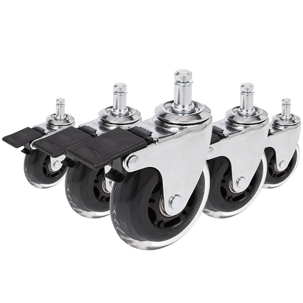 hjh OFFICE 729401 Bürostuhlrollen ROLO SKATE Silber/Transparent 5 x Hartbodenrollen 11 mm x 75 mm mit Feststellbremse