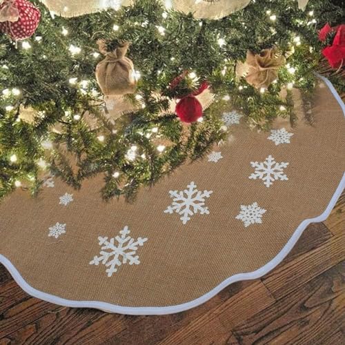 CxutSa Weihnachtsbaum Rock Leinen Weihnachtsbaumdecke mit Weiße Schneeflocke Gedruckt Weihnachtsbaumdecke Rund 120cm Weihnachtsbaumrock Weihnachtsbaum Teppich für Weihnachten Deko