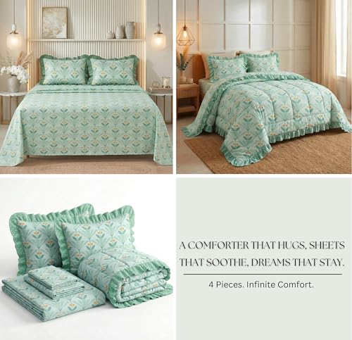 Image of SANMARINO Premium Cotton Double Bed 4 Piece Bedding Set with Frill Border | Comforter with Matching Bedsheet and Pillow | Ultra Soft & Lightweight Quilted Comforter Set |228x228 cm,Mint Meadow Green