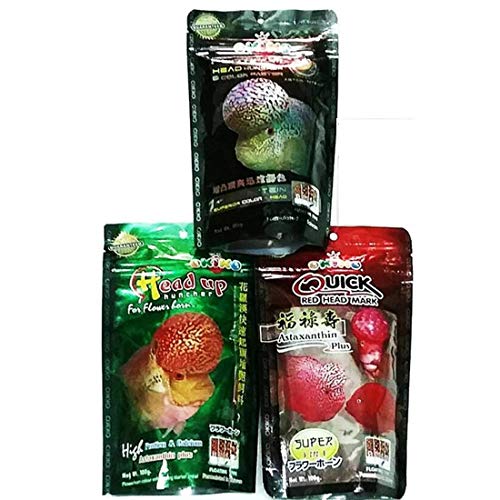 OKIKO Fish Food Set L Pellets of 3 Quick Red Mark Head Up Huncher Platinum Huncher and Color Faster Cichlid Flowerhorn 3.5 oz (100g)