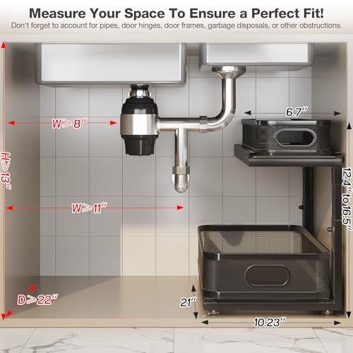 Image of 2 Pack 21IN-Depth Under Sink Organizer With Next-Gen Ball-Bearing Slides,2-Tier Precision Mesh Pull Out Cabinet Storage for Bathroom&Kitchen,Height Adjustable Drawers Shelf,Anti-rust-Black
