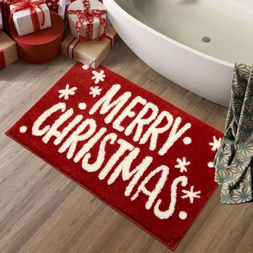 Nymphia Christmas Bath Mat Christmas Bathroom Decor Red Bathroom Rugs Extra Soft and Absorbent Cute Holiday Decorative Bath Rugs Non-Slip Machine Washable 20 x 32 Inch