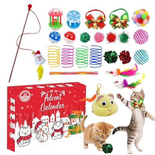 Gmokluytw Calendario de Adviento con juegos para gatos, calendario de cuenta regresiva de Navidad para gatos de 24 días – Accesorio festivo para la familia y los amantes de las mascotas