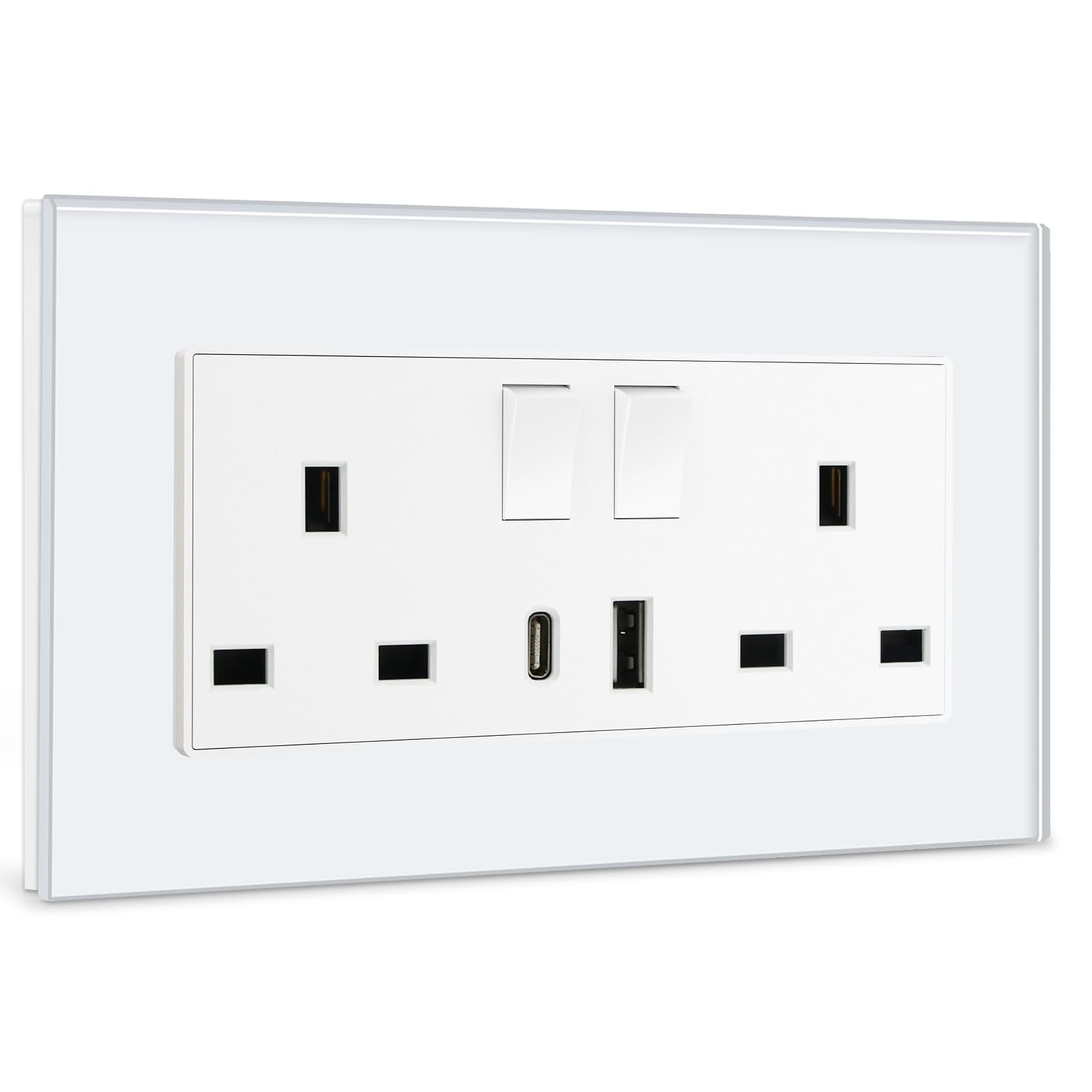 BSEED Double Switched Sockets with USB C and USB A Charging Ports, UK Standard Electric Power Sockets with Glass Panel, 2 Gang 13A Wall Socket, White