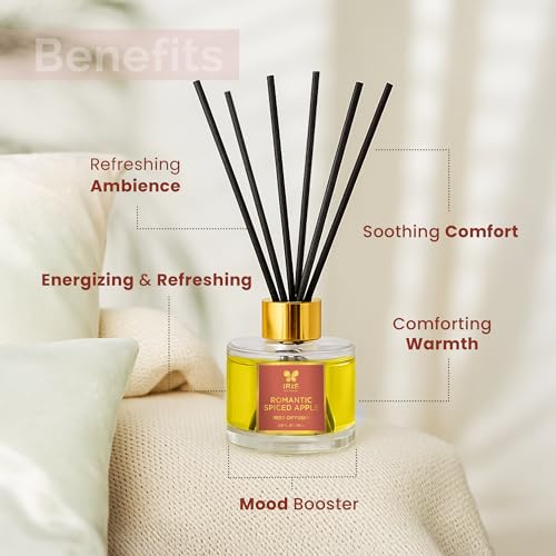 Image of IRIS Aroma Reed Diffuser - 100ml | Elegant Home Fragrance with 6 Fiber Reeds, Glass Round Bottle with Gold Cap | Aroma Diffuser for Cozy Decor & Gifting (Spiced Apple)