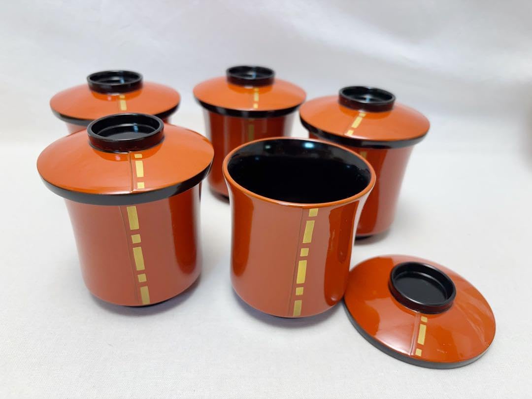 未使用 茶道具 輪島塗 金継 箸洗 五客 木製朱塗 内黒 小吸物椀 和食器共箱 茶道具 輪島塗 金継 箸洗 五客 木製朱塗 内黒 小吸物椀
