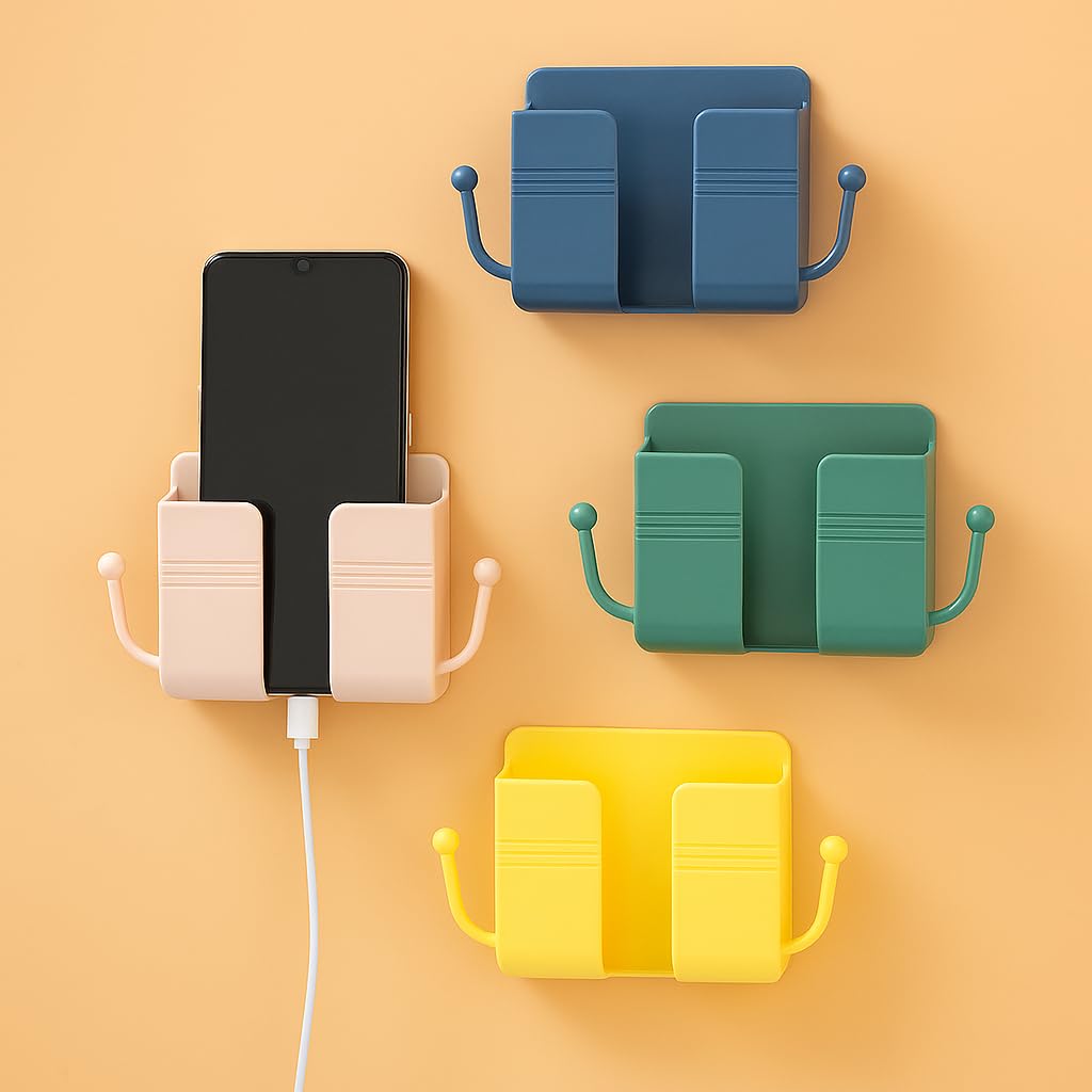 4Pcs Wall Mount Phone Holder Adhesive Wall Phone Mount Charging Stand and Remote Control Stand Multipurpose Socket Pocket Universal Deck Storage Box for Bedroom, Kitchen, Bathroom, Office