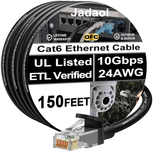 Jadaol [UL Listed] Snagless Cat6 Ethernet Cable 150 ft 10Gbps, PoE++, Black