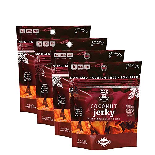Seva Foods 4-Pack Organic Savory Coconut Jerky (Soy-Free Vegan Strips), 6 oz Total Weight - 8 Servings