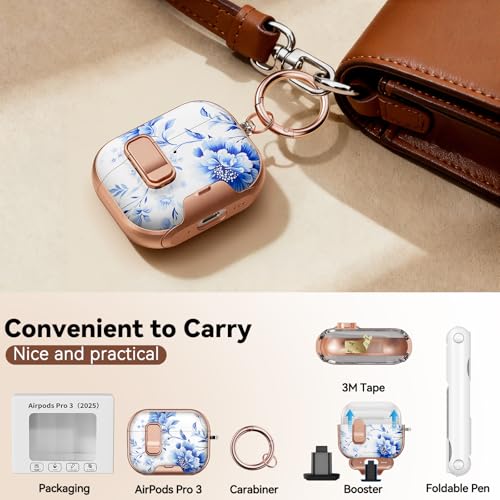 Image of for AirPod Pro 3 Case 2025, with Safty Lock & Phone Stand for Floral AirPod Pro 3 Generation Case Cover for Women Girly, iPod Pro 3 Cases with Keychain & Cleaner Kit -Blue +White Porcelain