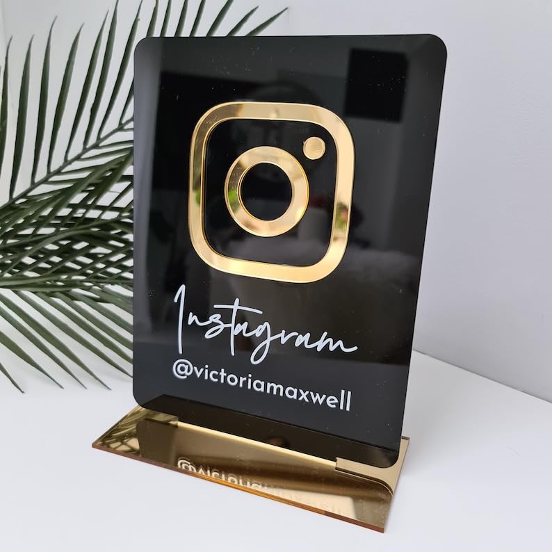 Qalb Acrylic Insta Scanner Stand for Shop, Cafe,Parlour Black and Golden Colour Size 5x8 inches