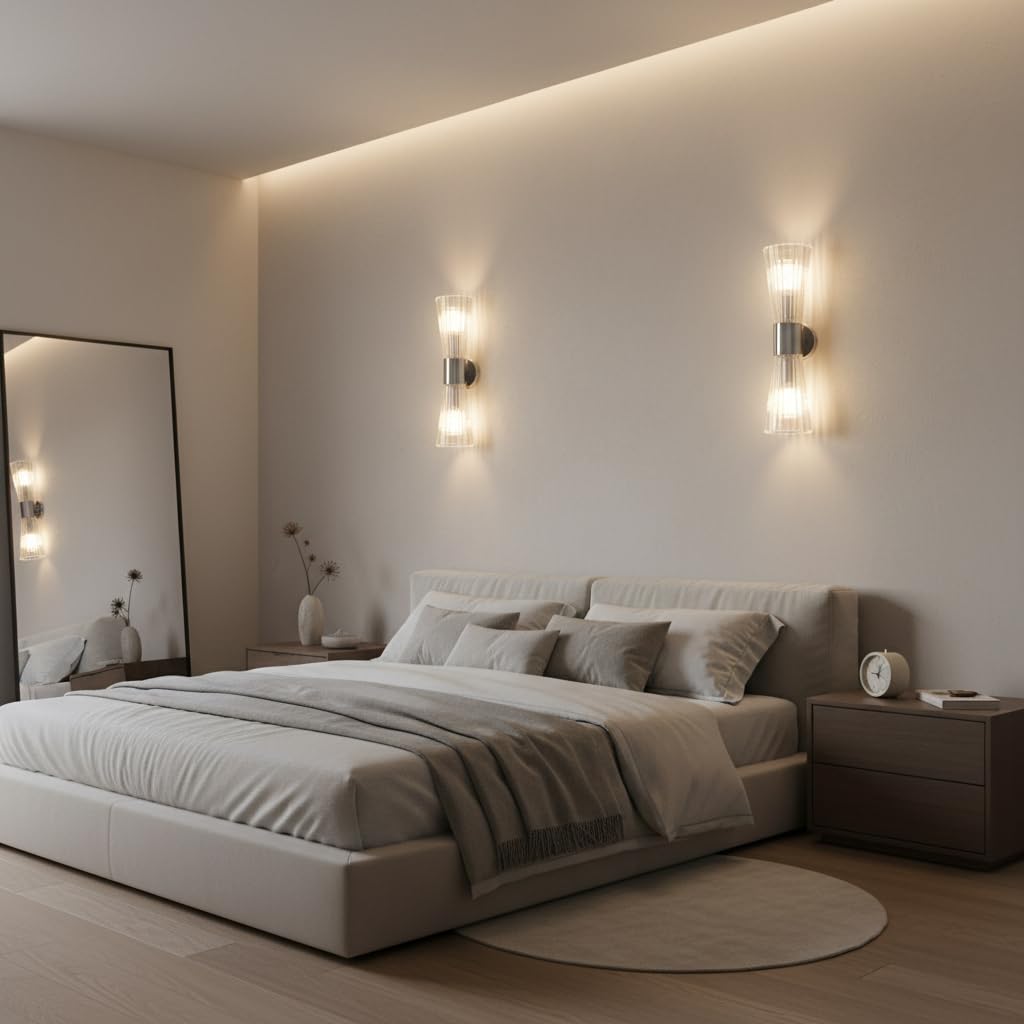 Aplique de Pared de Cristal 2 Luces E14 Doble Extremo Vidrio Acanalado Diseño Reloj de Arena Lámpara de Pared Moderna Acabado Plateado para Dormitorio Salón Pasillo Escalera Hotel (Plateado)