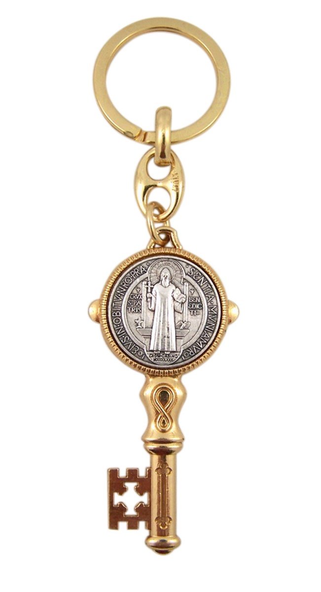 Saint Benedict Medal Keychains - Gold Toned Saint Benedict Jubilee Medal Key Shaped Pendant Keychain, 4 1/4 Inch