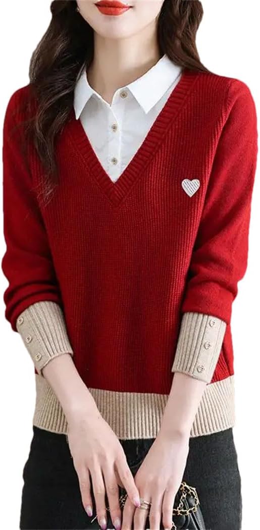 Women's Winter Pullover Sweaters Fake Two Pieces Polo Collar Button Patchwork Long Sleeve Knitted Tops