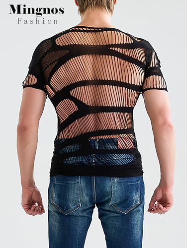 Mingnos Herren Kurze Ärmel Netz T-shirt Transparent Tops Netzhemd Netz Shirt Netzoberteil Clubwear Festival Outfit Unterhemd Schwarz