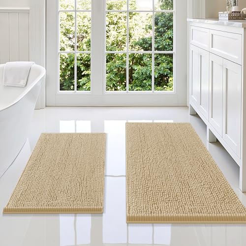 Image of Smiry Bathroom Rugs Sets 2 Piece, Soft Absorbent Chenille Machine Washable Non Slip Shaggy Bath Rug Set for Tub, Shower, and Floor (36x24+30x20, Beige)