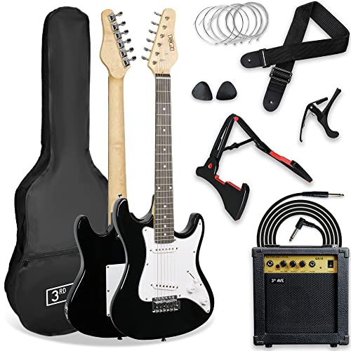 3rd Avenue guitarra eléctrica de tamaño 3/4 para principiantes con amplificador de 10W, cable, soporte, funda de transporte, correa, cuerdas de repuesto, púas y cejilla – Negro