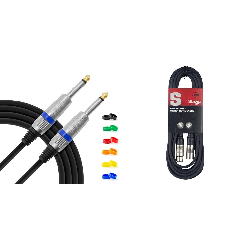 Tiger GTC4-06 6m 1/4" (6.35mm) Jack to Jack Guitar Instrument Cable with Interchangeable Coloured Loops