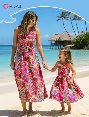 Image of PATPAT Family Hawaiian Matching Outfits - Mommy and Me Vacation Outfits | Halter Sundresses and Button Down Shirts,Caribbean Vacation Summer Tropical Outfits,Hawaiian Boho Tropical Floral Printed