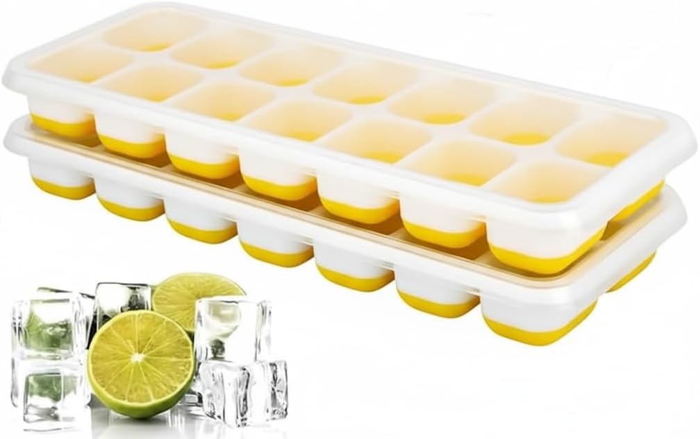 Ice Cube Trays 2 Pack - Silicone Ice Cube Tray Super Easy Release - Stackable Silicone Ice Tray Durable and Dishwasher Safe - for Food, Cocktail, Whiskey, Chocolate Without Lid Ice Tray (Yellow)