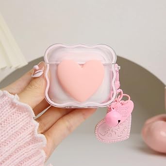 Compatible with Apple AirPods 4 Generation 2024 Case Cover, Lovely 3D Love Heart Waves Design Shockproof Soft Clear TPU Airpods 4 Protector with Keychain for Women Girls, Pink Love