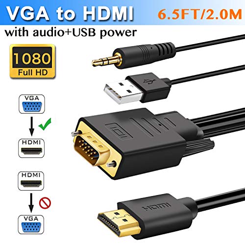 VGA to HDMI Adapter Cable with Audio 6.5FT/2M, VGA Male to HDMI Male