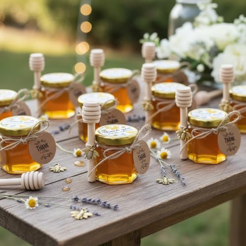 Miniatura 4 de Paquete De 20 Mini Tarros De Miel Hexagonales De 1,5 Oz Con Cucharones De Madera, Tapas Doradas, Colgantes De Abeja, Yute, Bolsas De Regalo Doradas, Perfecto Para Baby Shower, Recuerdos De Boda