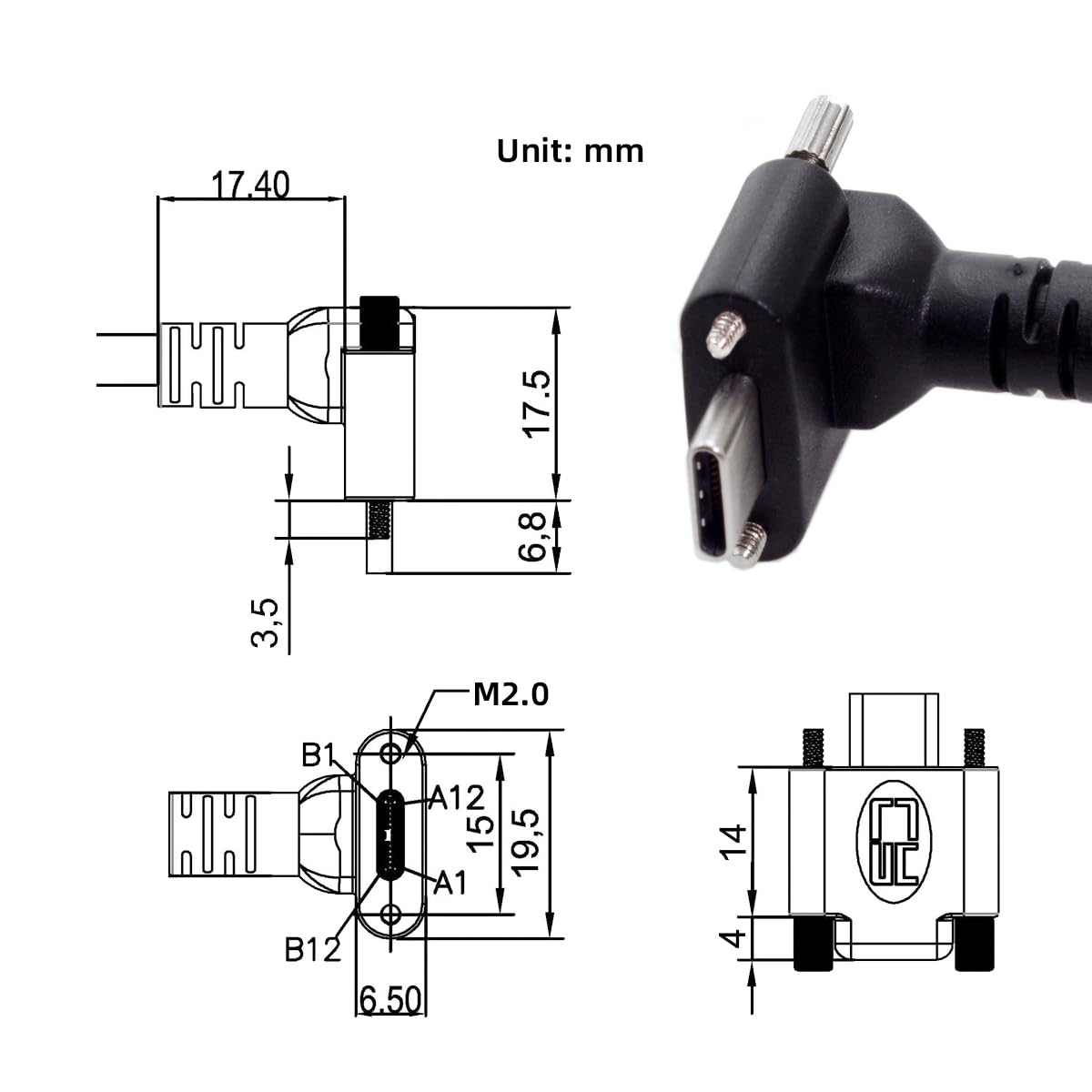 JSER Kabel Vision USB3.1 Type-C USB-C podwójne śruby 90 stopni kątowy typ blokujący do danych USB 3.0 10 Gb/s, kompatybilny z przemysłową kamerą VR, komputerem telefonicznym (8 m z wzmacniaczem)
