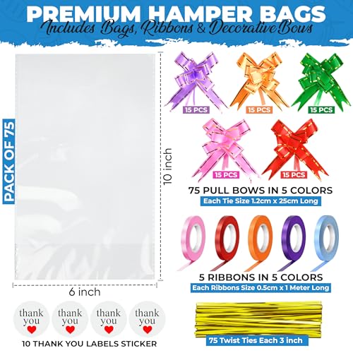 75pcs Cellophane Bags 6x10in, Food Safe Sweet Bags Cookie Bags with Mix Colors Pull Bows and Ribbons-Flat Bottom Clear Bag for Sweets, Gifts Packaging for Christmas and other Festivals