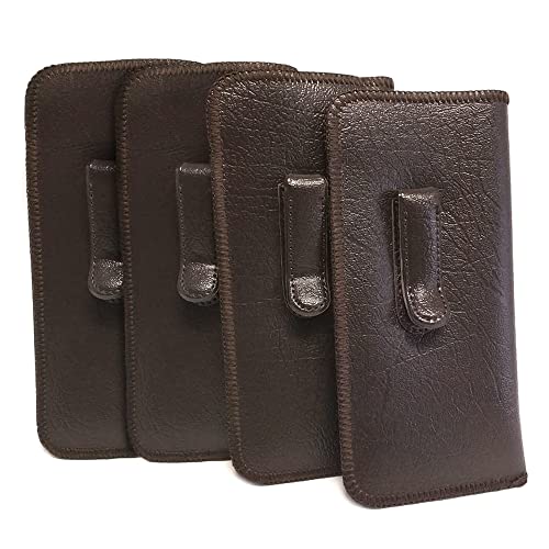 Calabria Soft Slip-In Glasses Case Pocket Metal Clip Brown (4 Pack) for Men/Women Synthetic Leather Felt Lining 6.5"x3"