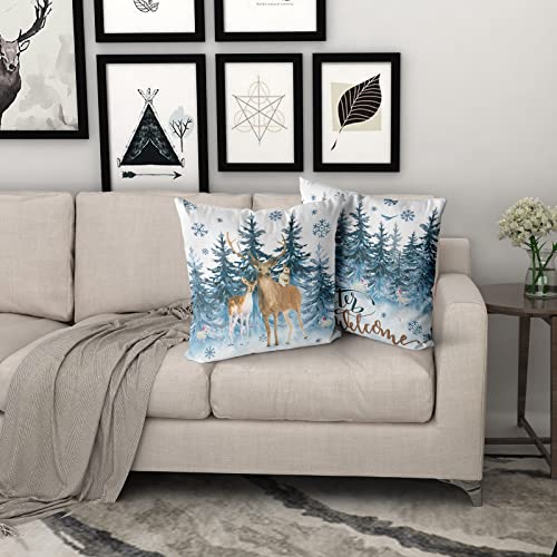 Forest Reindeer Snow Decorative Pillow Cover Set Of 2, Winter Wonderland Pillowcase Soft Breathable Cushion Pillow Cases Watercolor Deer Blue Snowflakes Decoration For Sofa Bedroom Car 18 X 18 Inch #TOP6
