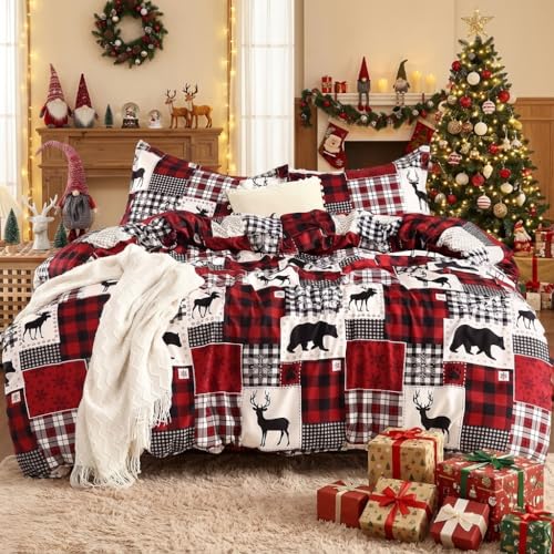 STARBEDIA Christmas Duvet Cover King, Soft Brushed Microfiber Comforter Cover Sets, Reindeer Printed Holiday Theme Bedroom Decorative Bedding (King Size, Christmas Plaid Deer)