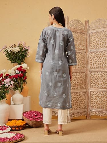 Image of Ada Women's Cotton Straight Fit Straight Hand Embroidered Lucknowi Chikankari Kurta Kurti A411165