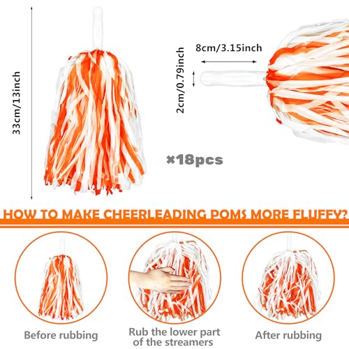 18PCS Cheerleading Pom Poms Plastic Cheerleader Pom Poms for Sports Squads Dancing Party Football Basketball Spirit Sports Stage Performance Celebration (Orange and White) - Thumbnail 2