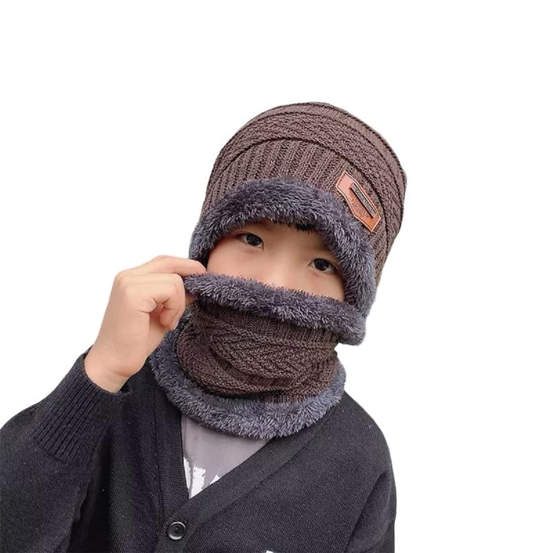 Kolva Kids Hat Scarf Set Warm Fleece Knit Beanie Cap Scarf Mask for Boy Girls Children Brown Color 3