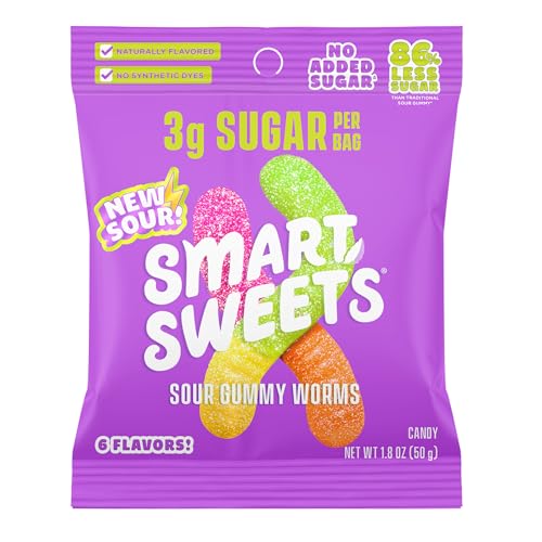 SmartSweets Sour Gummy Worms, Gluten Free Gummies, Healthy Snacks for Adults & Kids, Fun Chewy Candy, Low Calorie, Low Sugar, Fruit Flavored Snack, No Artificial Sweeteners, 50g Bags, 14 Pack