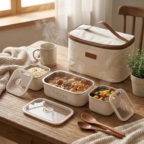 Image of Lunch Box Stainless Steel Leakproof Insulated Tiffin Box with Thermal Bag, 2750ML Large Capacity 3-Container Meal Prep Lunch Box for Office School Travel, Beige