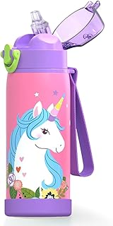 16 oz Insulated Water Bottle with Straw for Kids, Durable Stainless Steel & Leak Proof One Click Open Soft Sipper & Protective Silicone Boot (Unicorn)