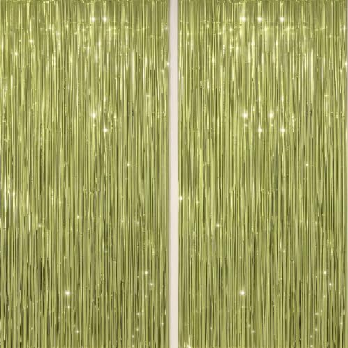 Image of DECOCKRAT 2 Pack Foil Fringe Backdrop - Light Green Shiny Tinsel Curtains for Party Decoration /Photo Booth Props - 3.3x6.6 FT Metallic Foil Backdrop for Birthday, Wedding, Graduation, Christmas.