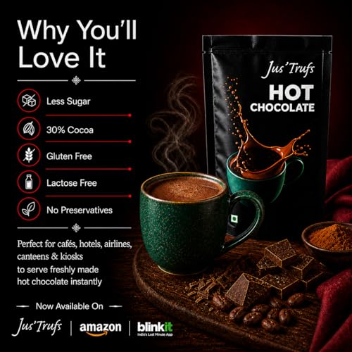 Image of Jus'Trufs Hot Chocolate Mix | 30% Cocoa Premium Dark Drinking Chocolate | Less Sugar, Vegan, Lactose Free, Gluten Free | Serve Hot or Cold | Pack of 3 (50g Each)
