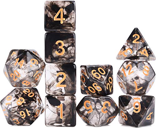 Amiven Polyhedron RPG Dice Set 11 Piece Black Wisp with Drawstring Bag for Dungeons and Dragons 5e DND Tabletop Games
